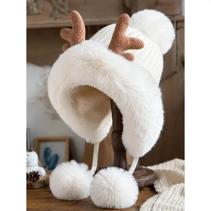 Fleece Lined Faux Fur Hat with Antlers